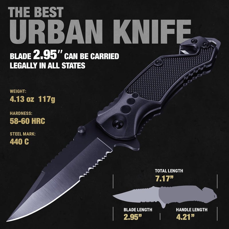 GOOD WORKER Legal Pocket Knife with 2.95” Serrated Blade, Glass Breaker, Seat Belt Cutter - EDC Sharp Folding Knives with Portable Clip - Small Tool for Tactical Camping Survival Hiking - Gifts for Men, Women - Image 3